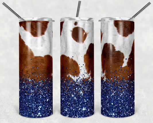 20 oz Skinny Tumbler Design Cow Hide and Confetti Navy Glitter Sublimation Design
