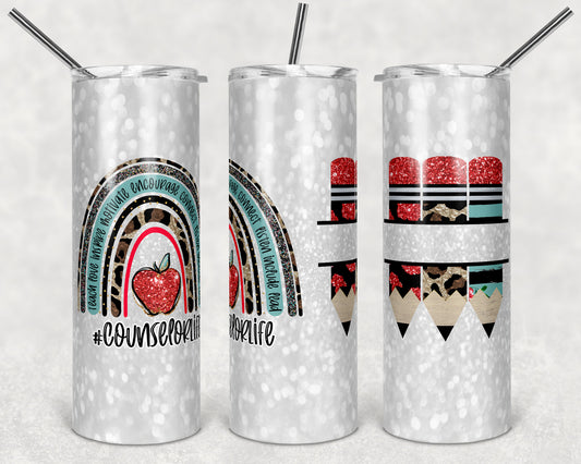 20 oz Skinny Tumbler Sublimation Design Template School Counselor Life Glitter Straight