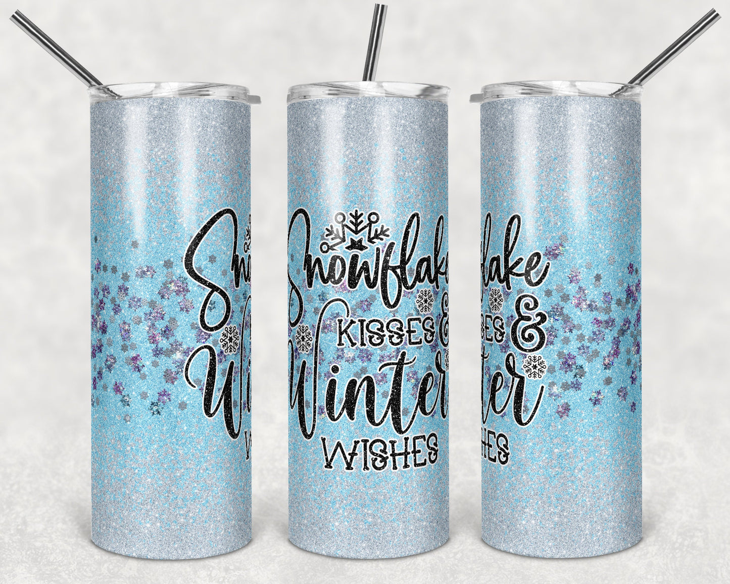 20 oz Skinny Tumbler Winter Glitter Snowflake Kisses Winter Wishes Sublimation Design