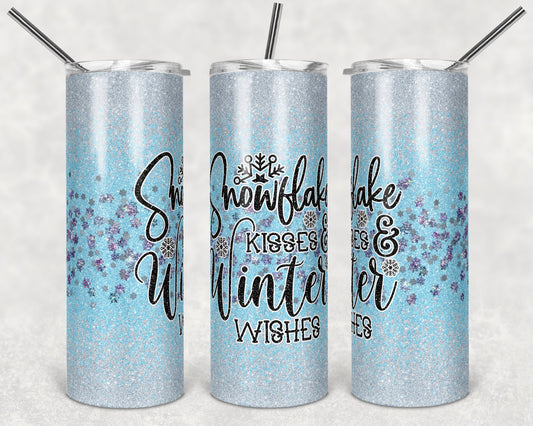 20 oz Skinny Tumbler Winter Glitter Snowflake Kisses Winter Wishes Sublimation Design