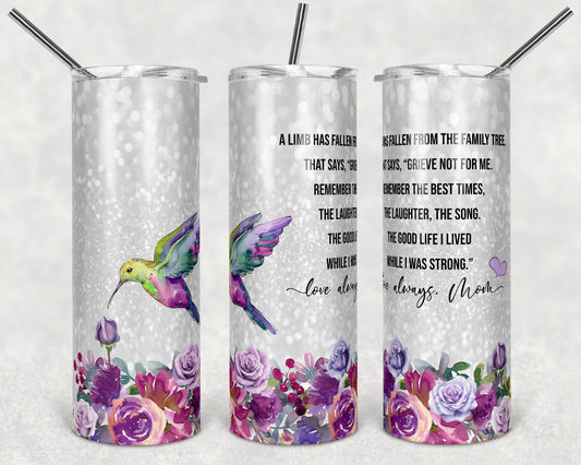 20 oz Skinny Tumbler Sublimation Design Template Faux Glitter Hummingbird Memorial Mom Quote Straight