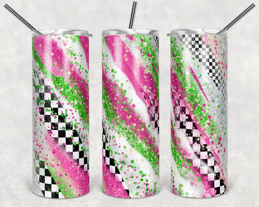 20 oz Skinny Tumbler Sublimation Design Racing Race Milky way Pink and Lime Green Tumbler