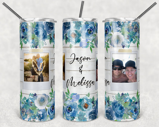 20 oz Skinny Tumbler Picture 2 Frame Tumbler Blue Floral photos personalize Sublimation Design