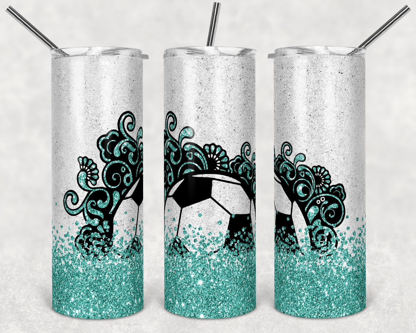 20 oz Skinny Tumbler Soccer Ball Sea Foam Glitter Sublimation Design Template Design