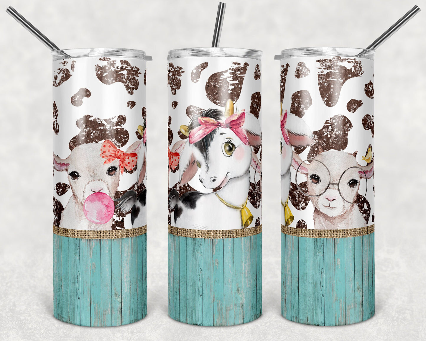 20 oz Skinny Tumbler Sublimation Cow Print Farm Animals Goat Burlap Glitter Design