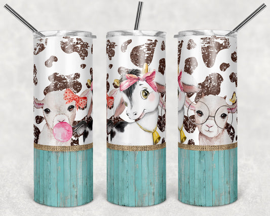 20 oz Skinny Tumbler Sublimation Cow Print Farm Animals Goat Burlap Glitter Design