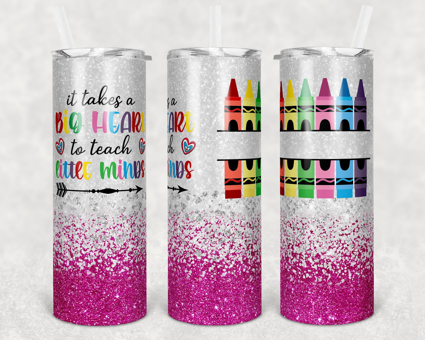 20 oz Skinny Tumbler Pink Glitter Teacher Tumbler Big Heart to Teach Little Minds Sublimation Design crayon