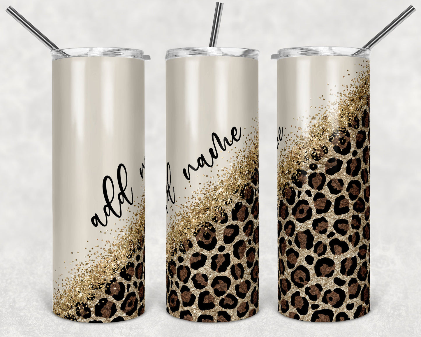 20 oz Skinny Tumbler Sublimation Design Template Glitter Gold tan Diagonal Leopard Straight personalize w Name Design