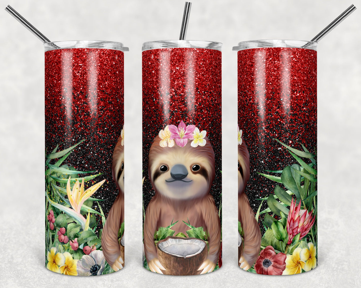 20 oz Skinny Tumbler Sublimation Design Template Glitter Red Black Sloth Straight Warped Tumblers