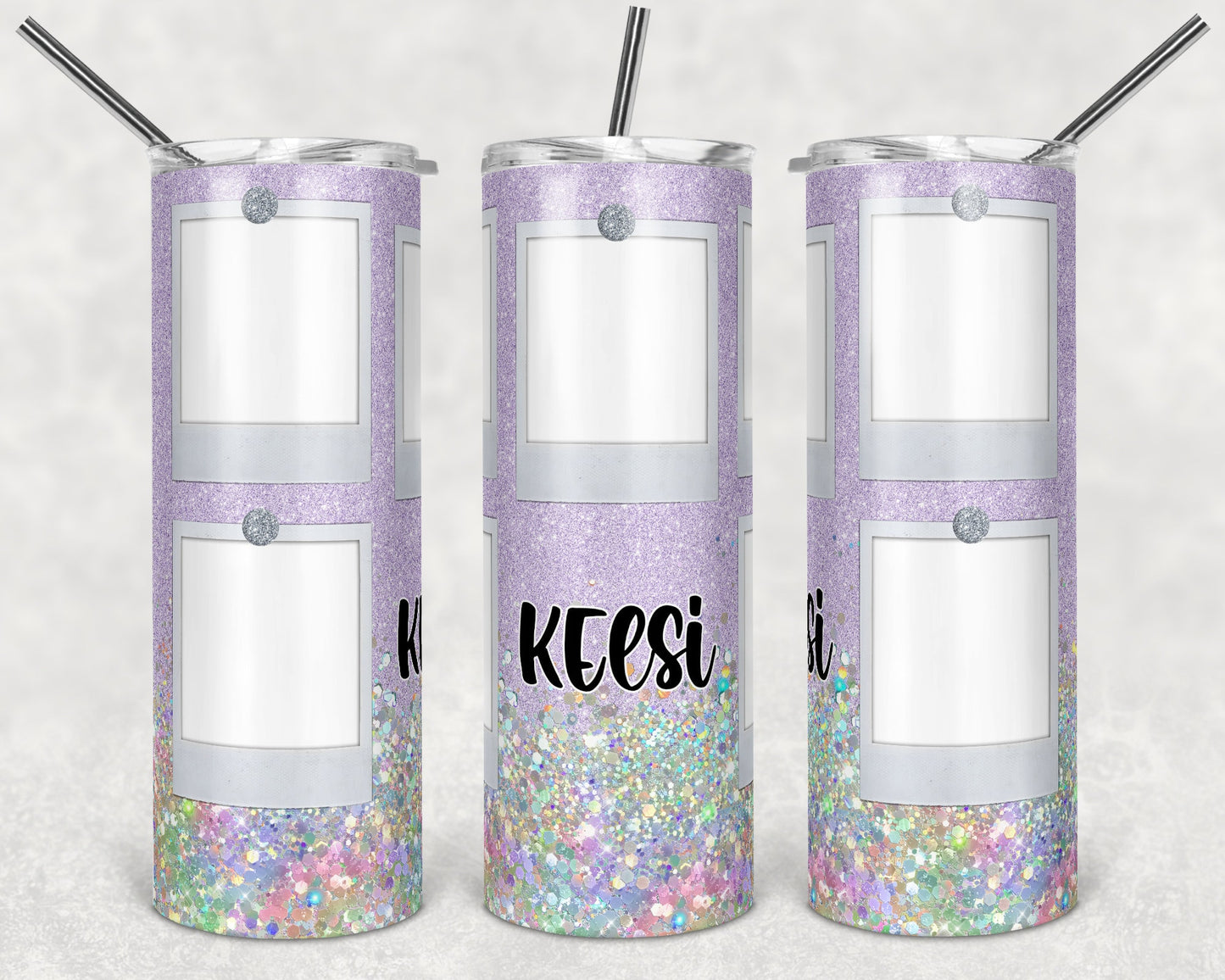 20 oz Skinny Tumbler Picture Frame Purple Lavender Glitter 5 photos photo Sublimation Design