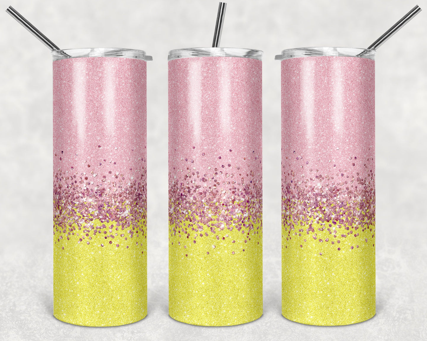 20 oz Skinny Tumbler Sublimation Design Template Glitter Ombre Yellow Pink Straight Design