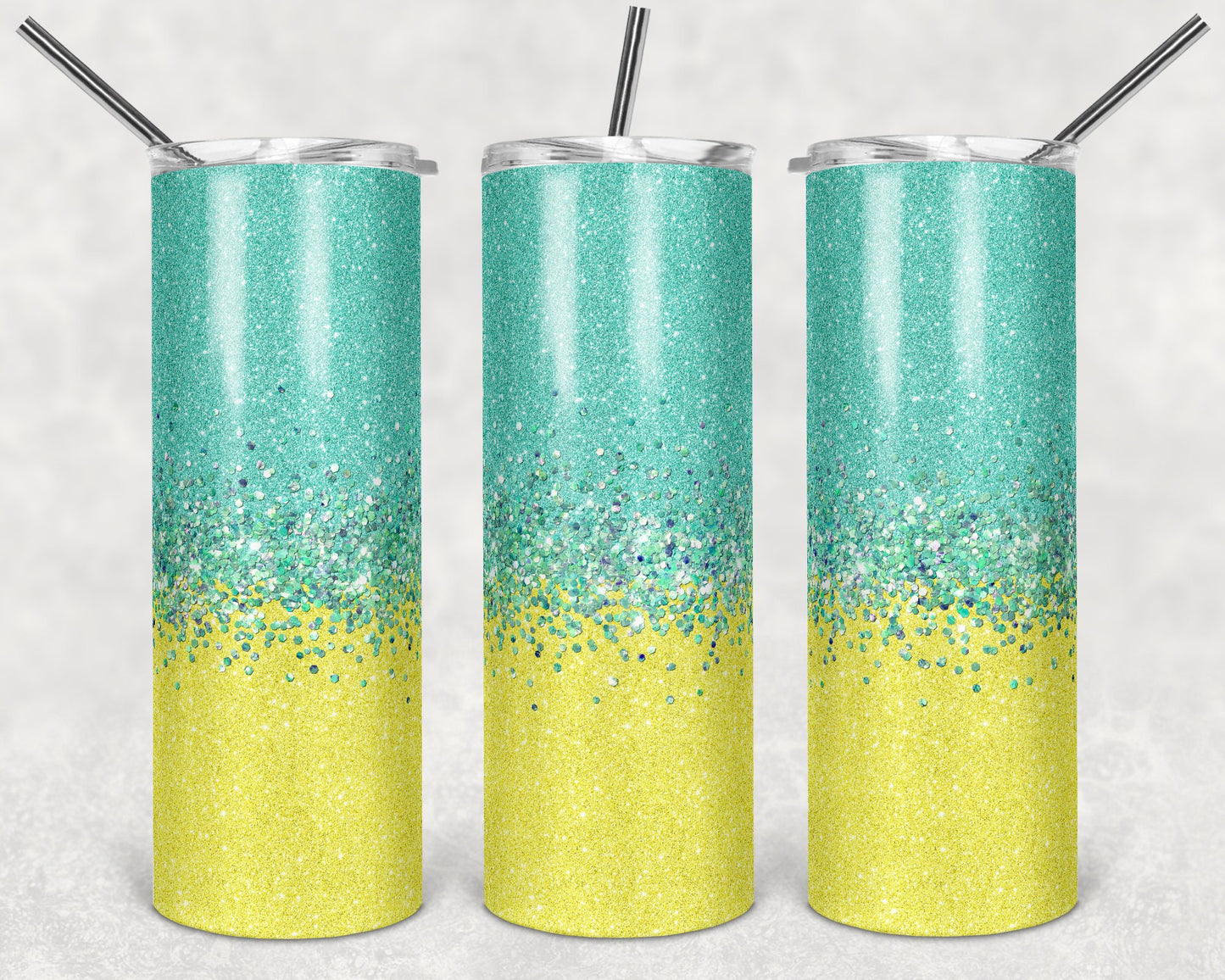 20 oz Skinny Tumbler Faux Glitter Ombre Yellow and Teal Sublimation Design