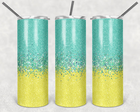 20 oz Skinny Tumbler Faux Glitter Ombre Yellow and Teal Sublimation Design