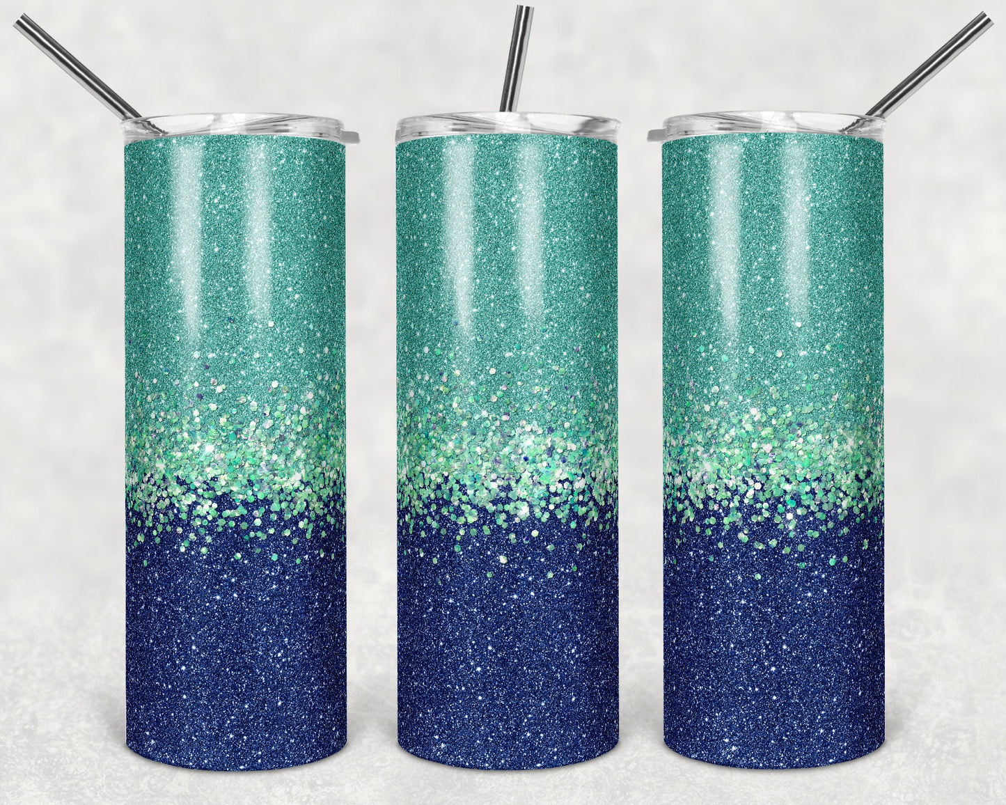 20 oz Skinny Tumbler Faux Glitter Ombre Navy and Teal Sublimation Design