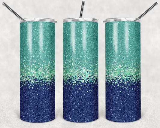 20 oz Skinny Tumbler Faux Glitter Ombre Navy and Teal Sublimation Design