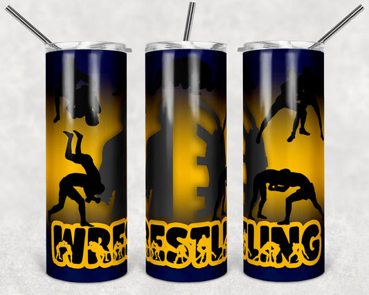 20 oz Skinny Tumbler Monogram Wrestling Image Navy Mustard Sublimation Design Print Transfer