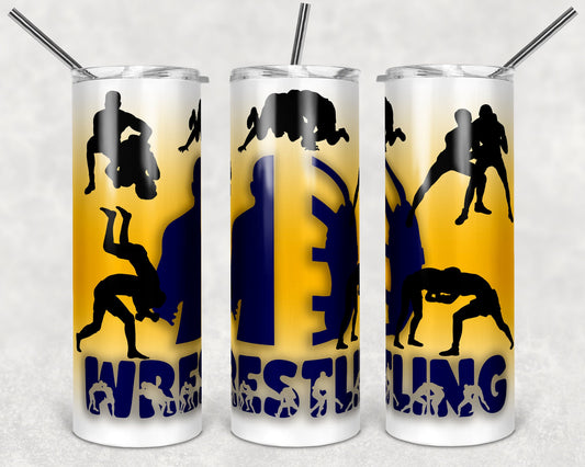 20 oz Skinny Tumbler Monogram Wrestling Image Navy Mustard Sublimation Design Print Transfer