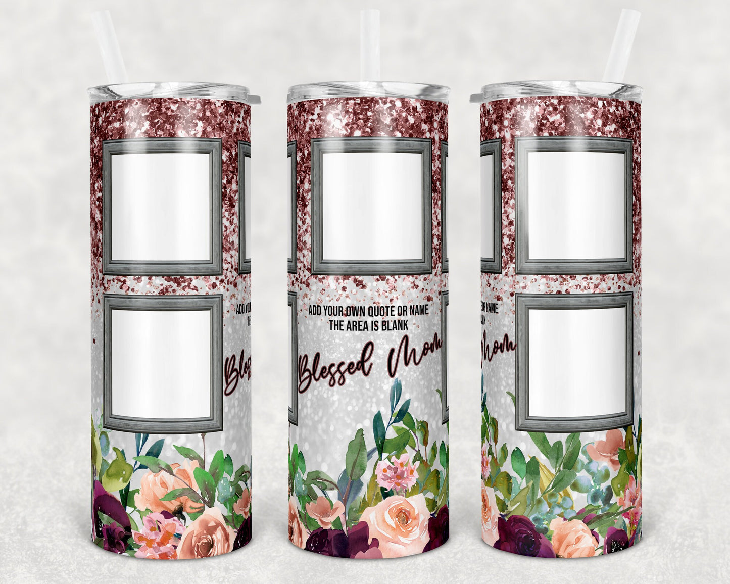 20 oz Skinny Tumbler Picture Frame Rose Gold Floral 5 photos Sublimation Design