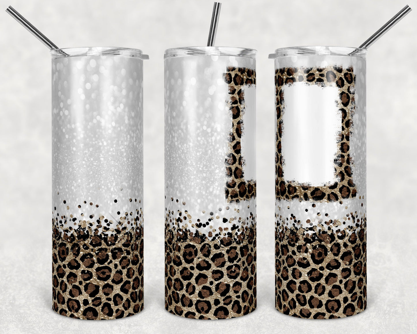 20 oz Skinny Tumbler Blank 1 Photo Picture Frame Leopard Gold White Glitter Sublimation Design