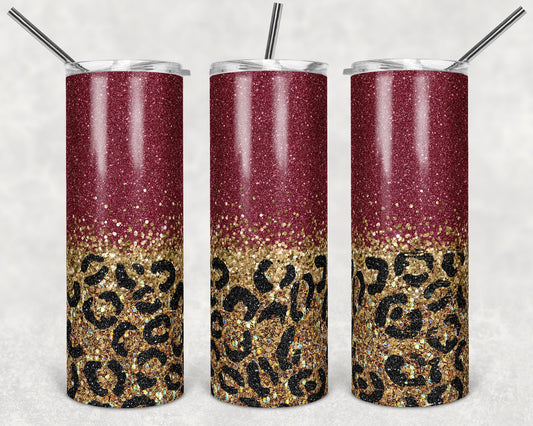 20 oz Skinny Tumbler Sublimation Design Template Glitter Gold Maroon Leopard Straight Wine Design