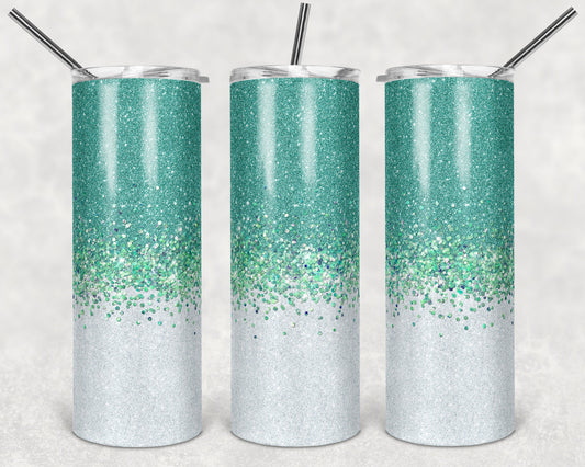 20 oz Skinny Tumbler Faux Glitter Ombre Teal and White Sublimation Design