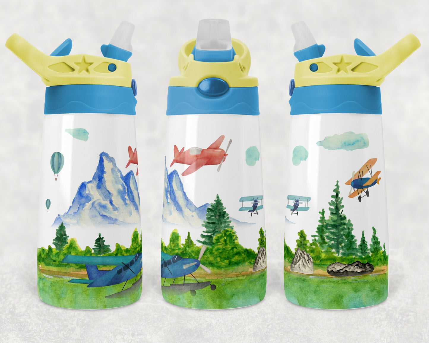 Kids water bottles Sublimation Design Template Airplane Bi Plane Design STRAIGHT and Warped