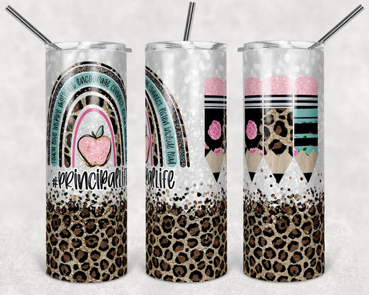 20 oz Skinny Tumbler Rainbow Leopard Glitter Principal Tumbler Pencil no Monogram Teacher Life Sublimation Design