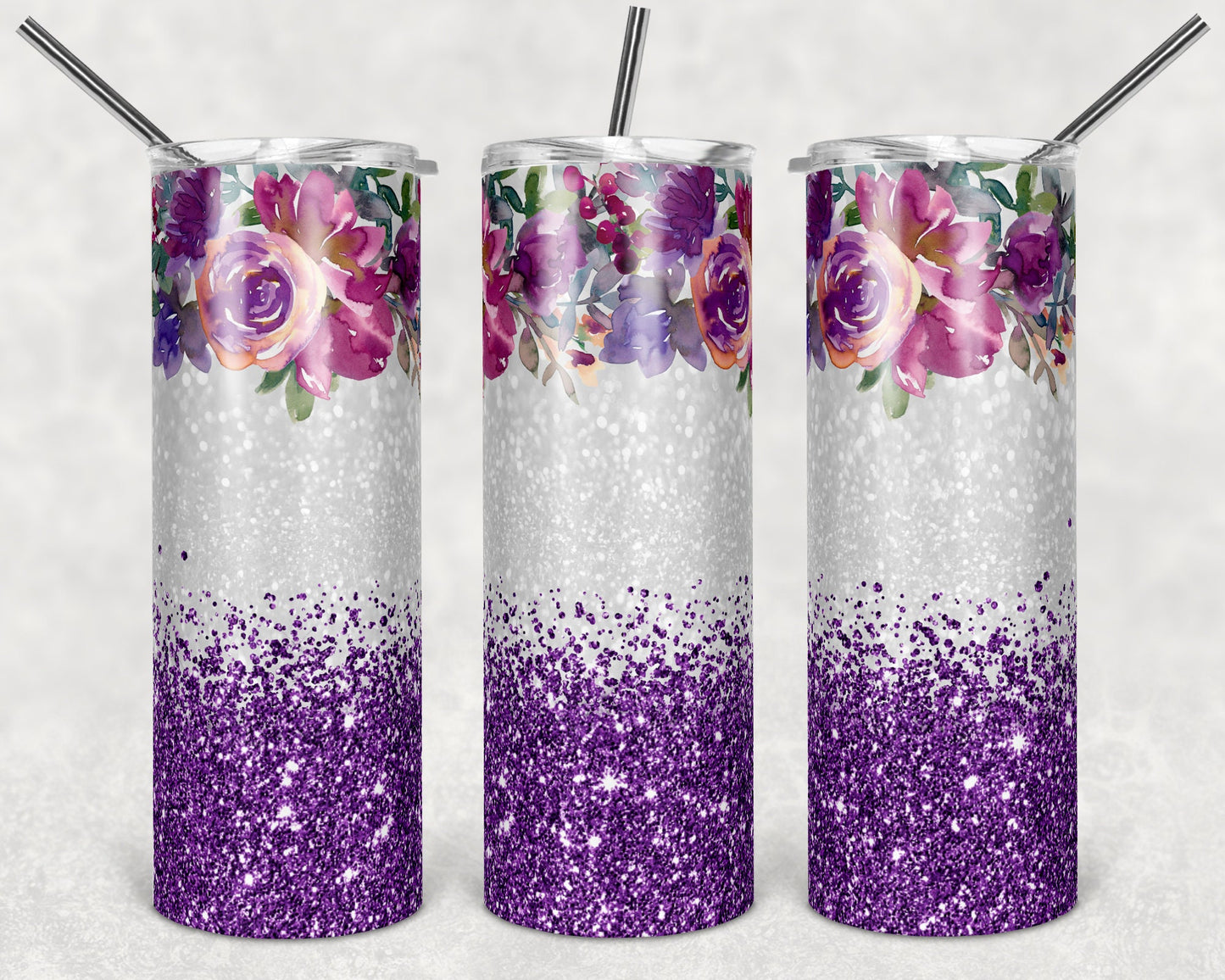 20 oz Skinny Tumbler Sublimation Design Template Floral Purple Glitter Design Inst tumblers