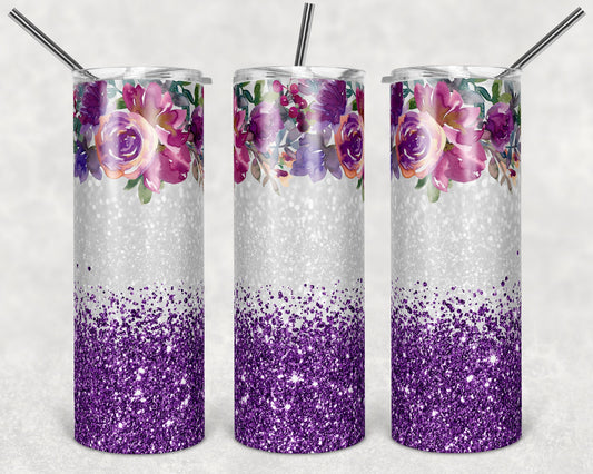 20 oz Skinny Tumbler Sublimation Design Template Floral Purple Glitter Design Inst tumblers