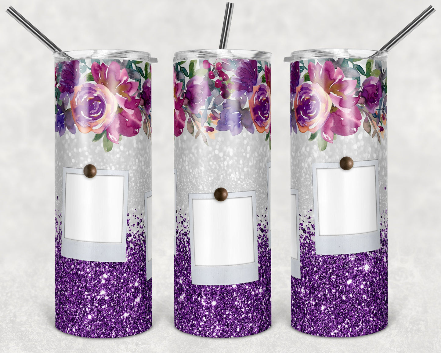 20 oz Skinny Tumbler Sublimation Design Template Floral Purple Glitter Design 3 Frames Photo Inst tumblers