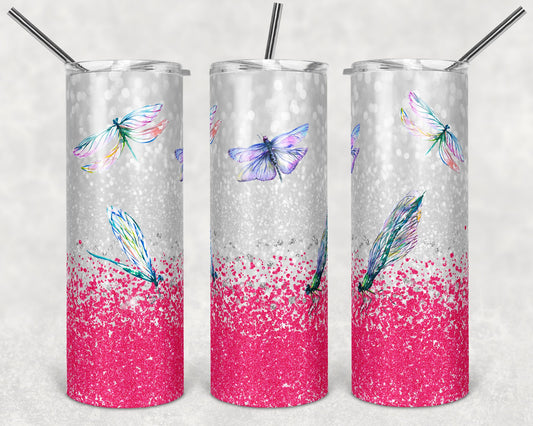 20 oz Skinny Tumbler Glitter Dragonfly hot pink Sublimation Design Print Transfer butterfly