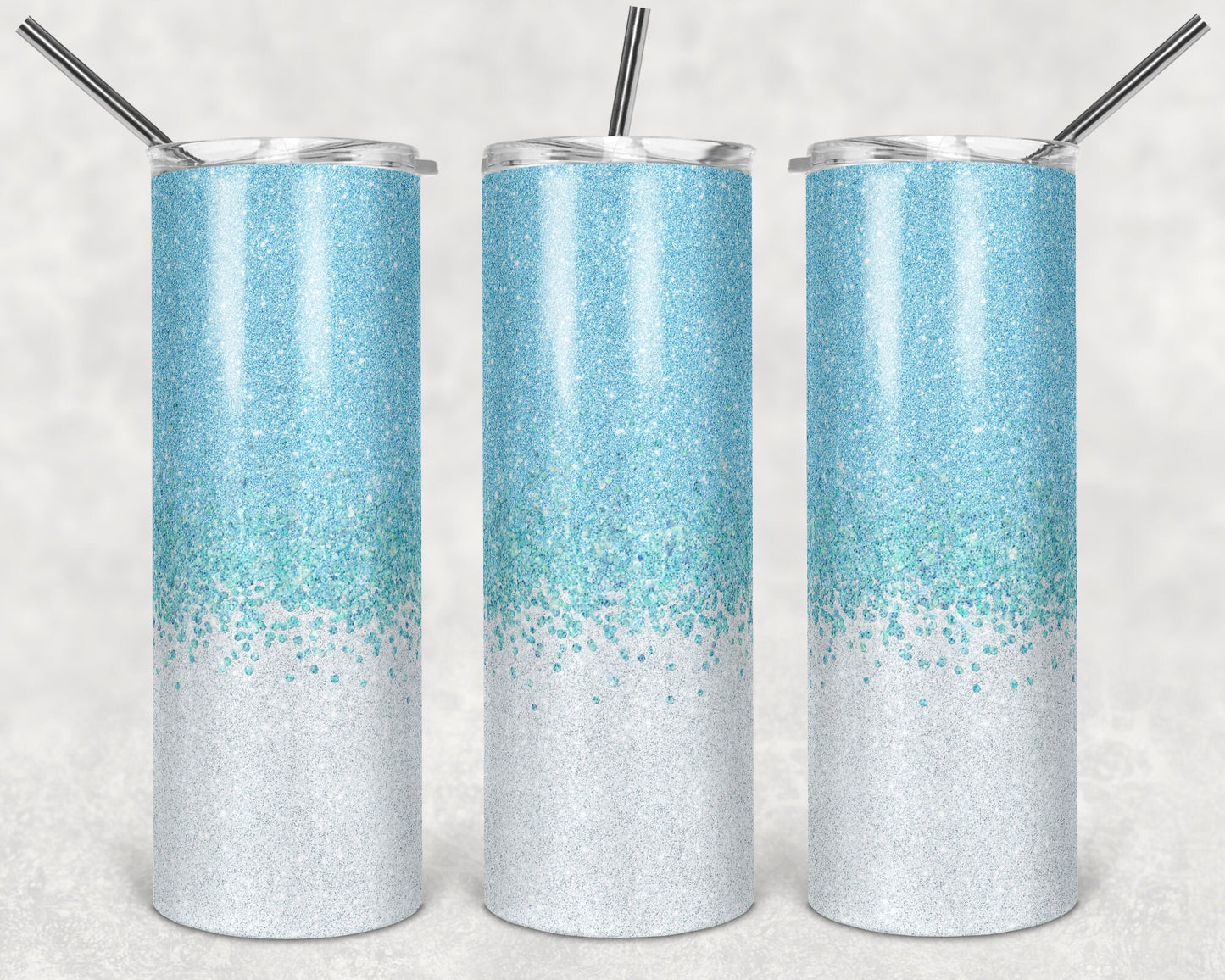20 oz Skinny Tumbler Faux Glitter Ombre Blue and White Sublimation Design
