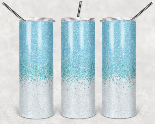 20 oz Skinny Tumbler Faux Glitter Ombre Blue and White Sublimation Design