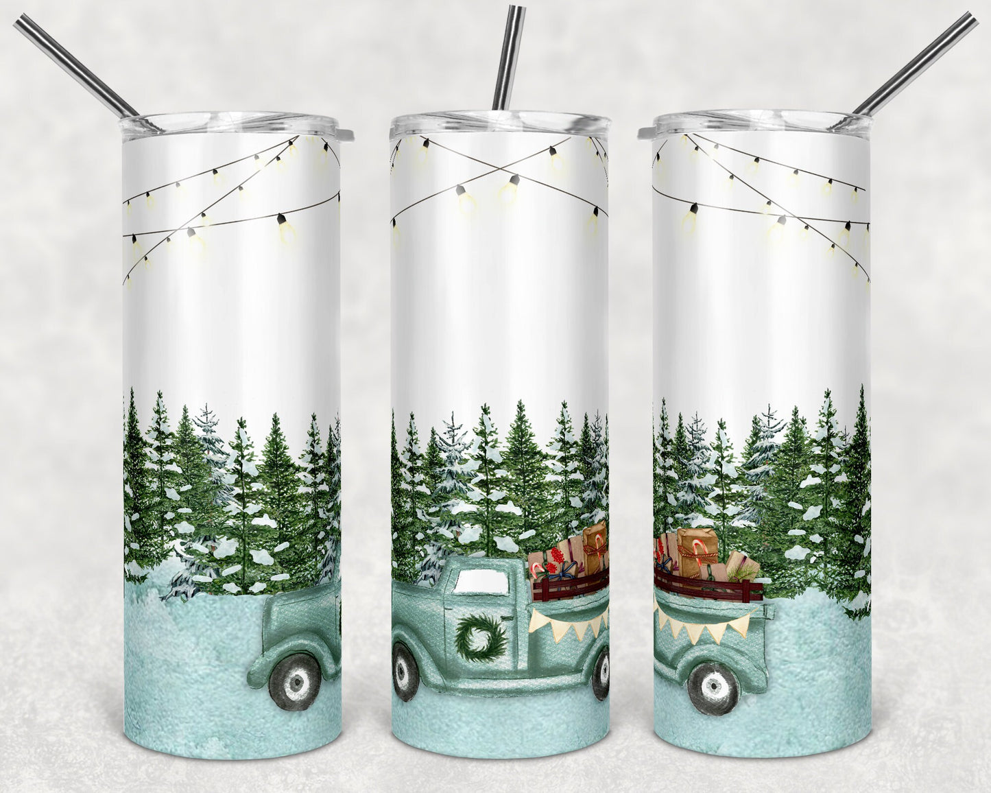 20 oz Skinny Tumbler Sublimation Holiday Teal Truck Present Winter Christmas Design Template Straight