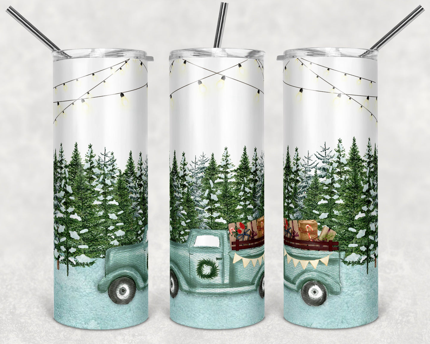 20 oz Skinny Tumbler Sublimation Holiday Teal Truck Present Winter Christmas Design Template Straight