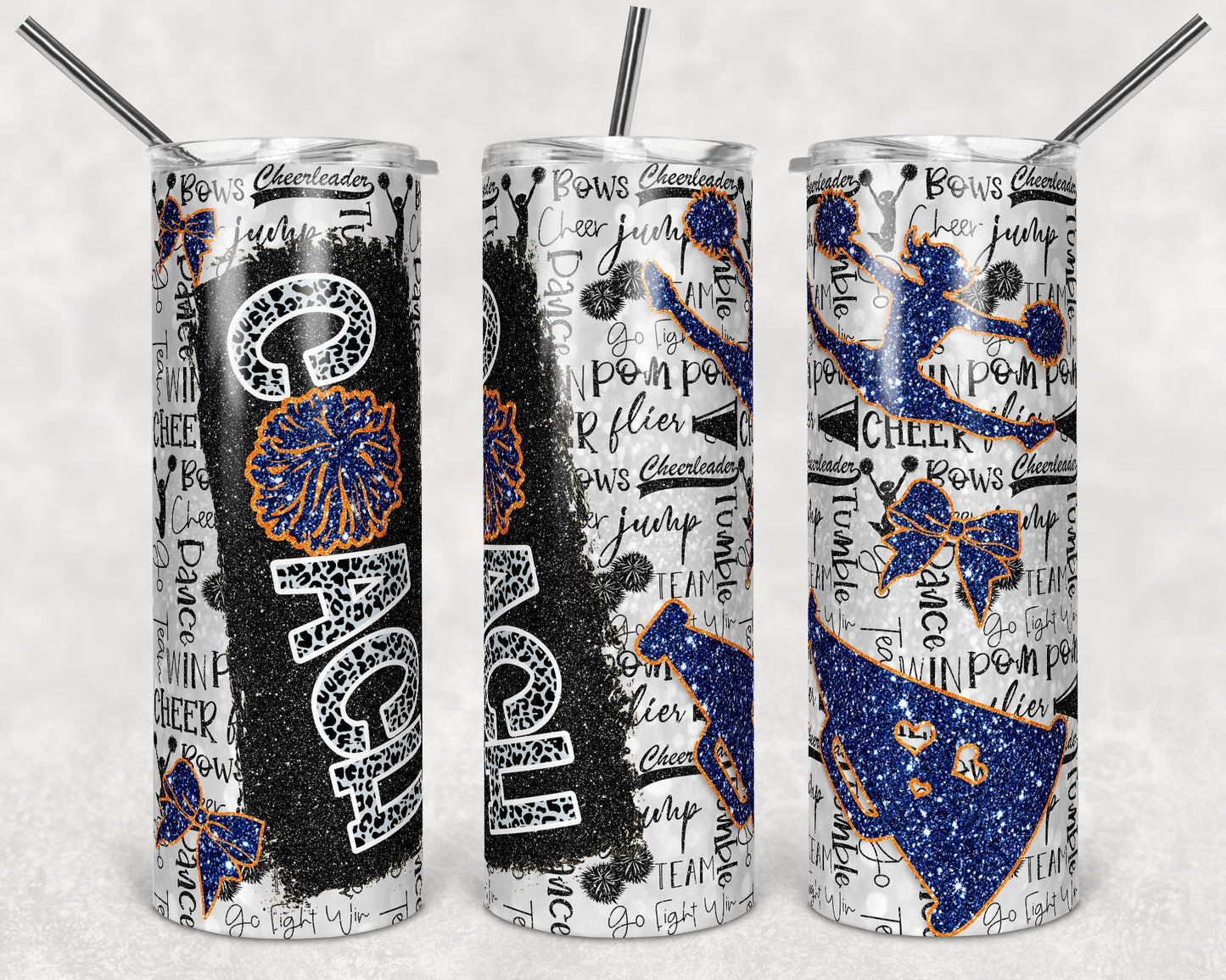 20 oz Skinny Tumbler Cheer Coach Navy Orange Glitter Leopard Black Sublimation Design