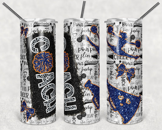 20 oz Skinny Tumbler Cheer Coach Navy Orange Glitter Leopard Black Sublimation Design