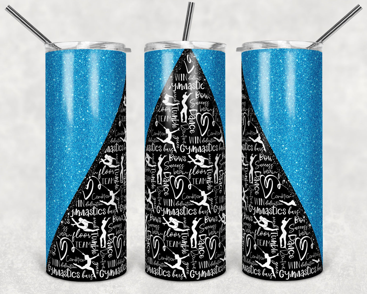 20 oz Skinny Tumbler Sublimation Design Template Gymnastics Glitter V Blue Straight and Warped Design