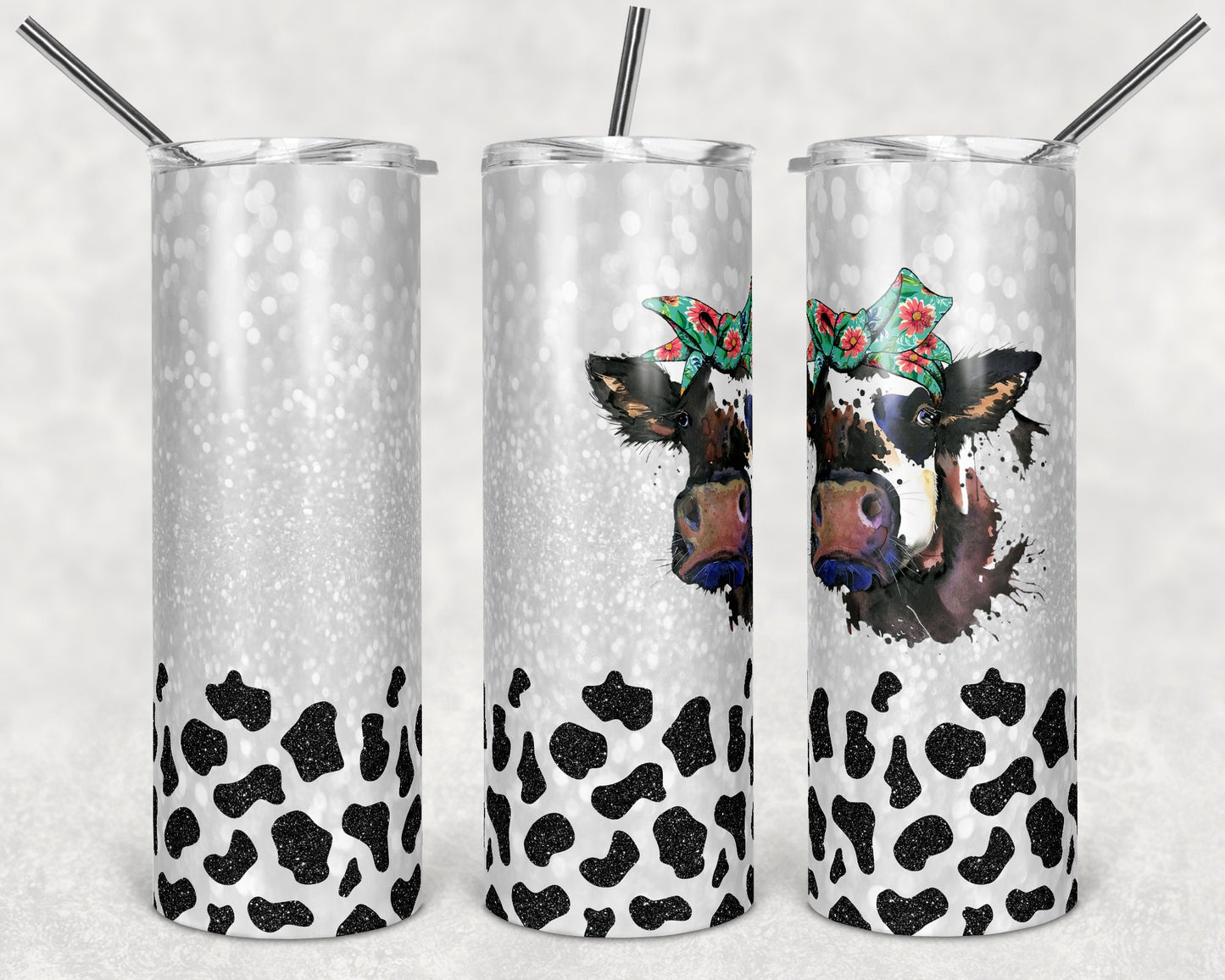 20 oz Skinny Tumbler Sublimation Cow Glitter room for Quote Design