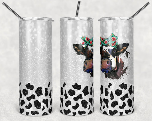 20 oz Skinny Tumbler Sublimation Cow Glitter room for Quote Design