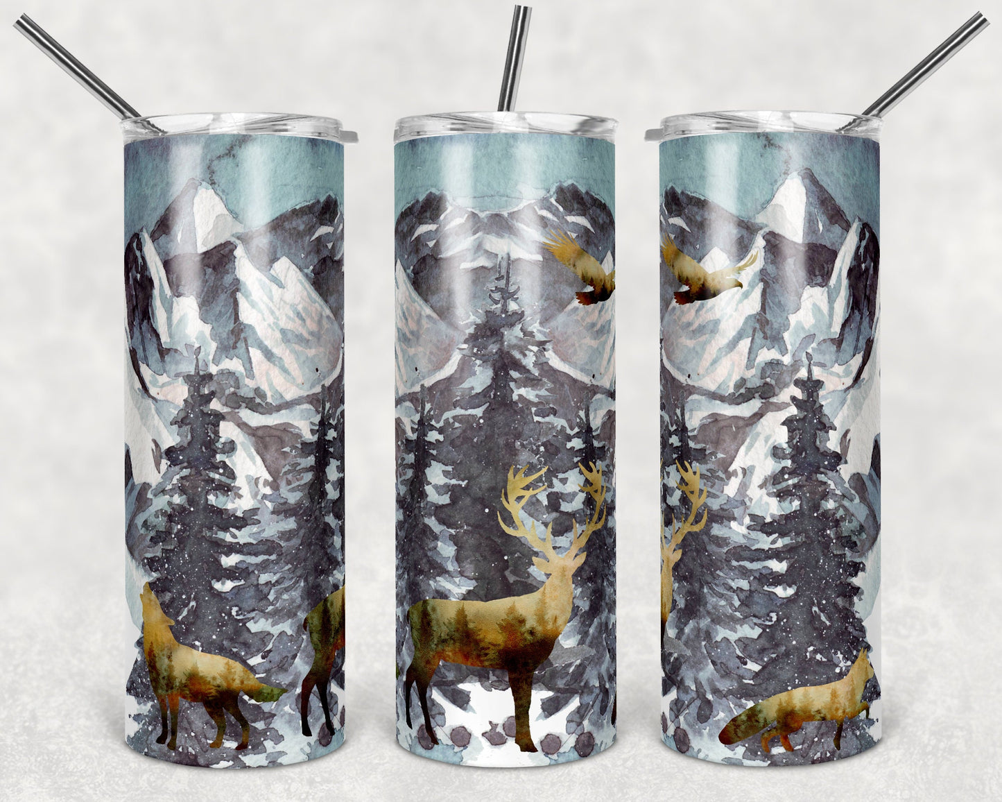 20 oz Skinny Tumbler Winter Deer Snow Landscape Mountains Sublimation Design Print Transfer