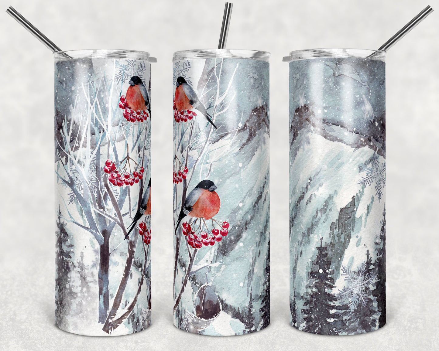 20 oz Skinny Tumbler Winter Birds Landscape Red Cardinals Sublimation Design Print Transfer