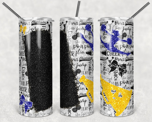 20 oz Skinny Tumbler Cheer Blank for Name Glitter Blue Yellow Sublimation Design