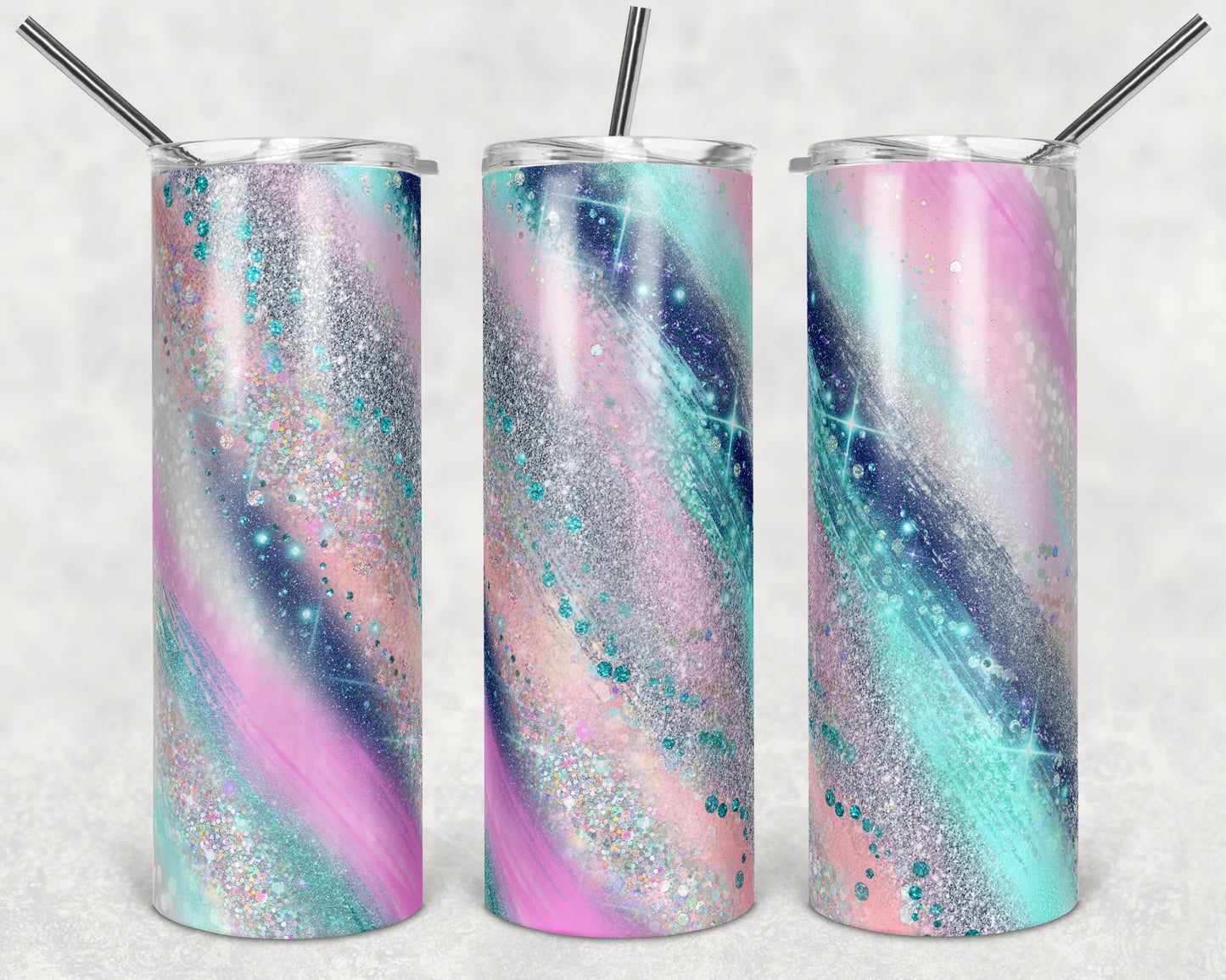 20 oz Skinny Tumbler Sublimation Template Agate Milky Way Teal Pink Purple Straight Design