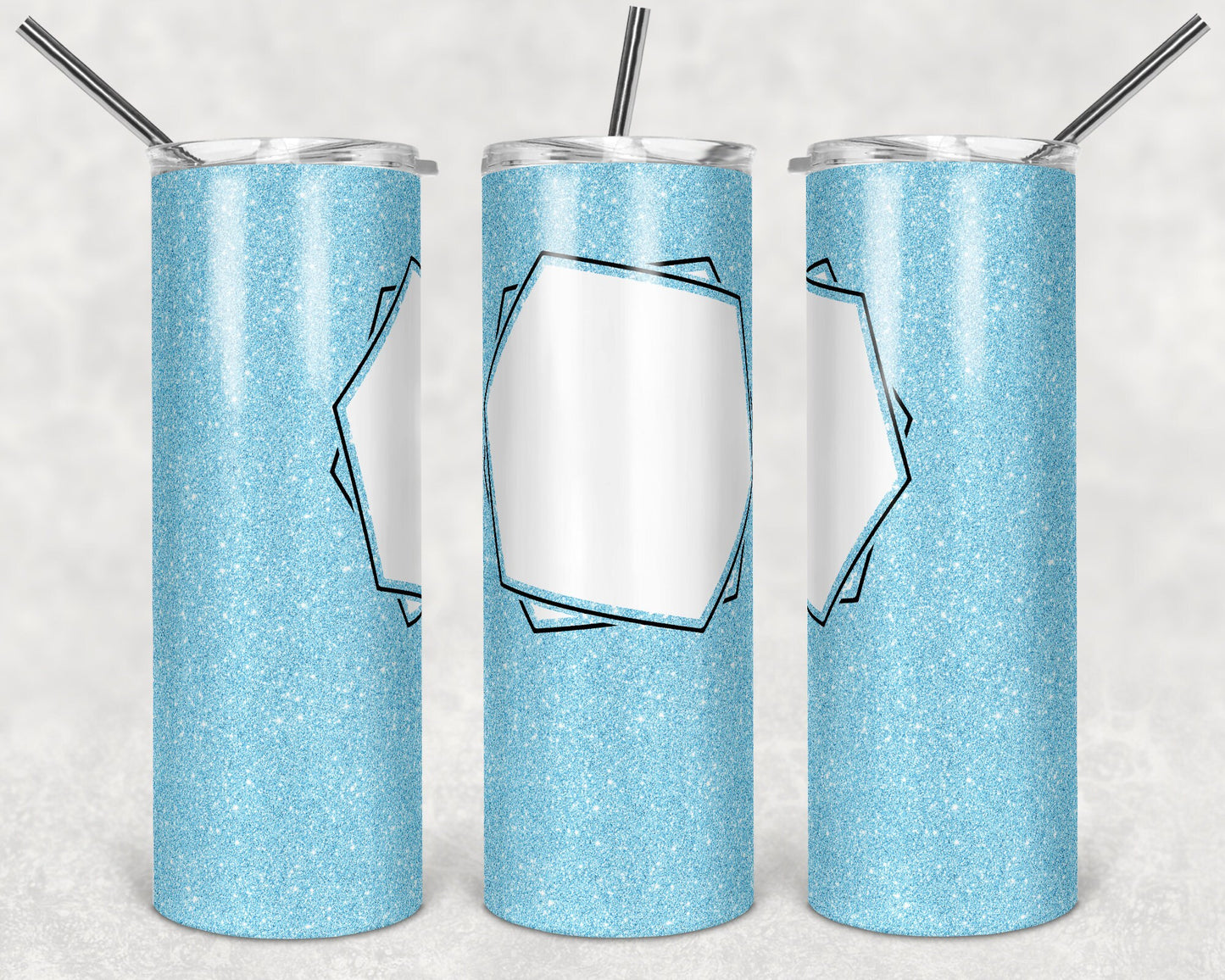20 oz Skinny Tumbler Sublimation Blue Glitter Frame Add Text Personalize Template Straight