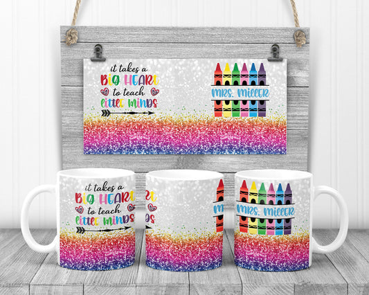 Sublimation Coffee Mug Teacher Glitter Rainbow Crayon Monogram Sublimation Design Design
