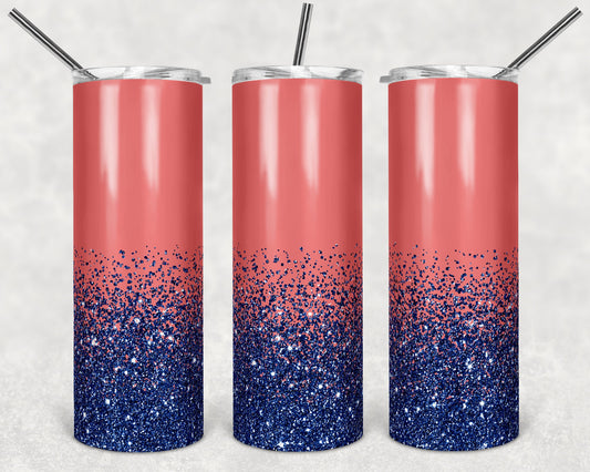 20 oz Skinny Tumbler Sublimation Design Template Glitter Ombre Navy Blue Coral Straight Faux Glitter bottom Design