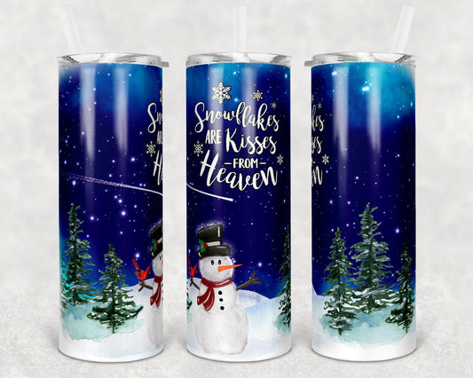 20 oz Skinny Tumbler Sublimation Holiday Snowman Snowflakes Kisses from Heaven Christmas Design Template Straight