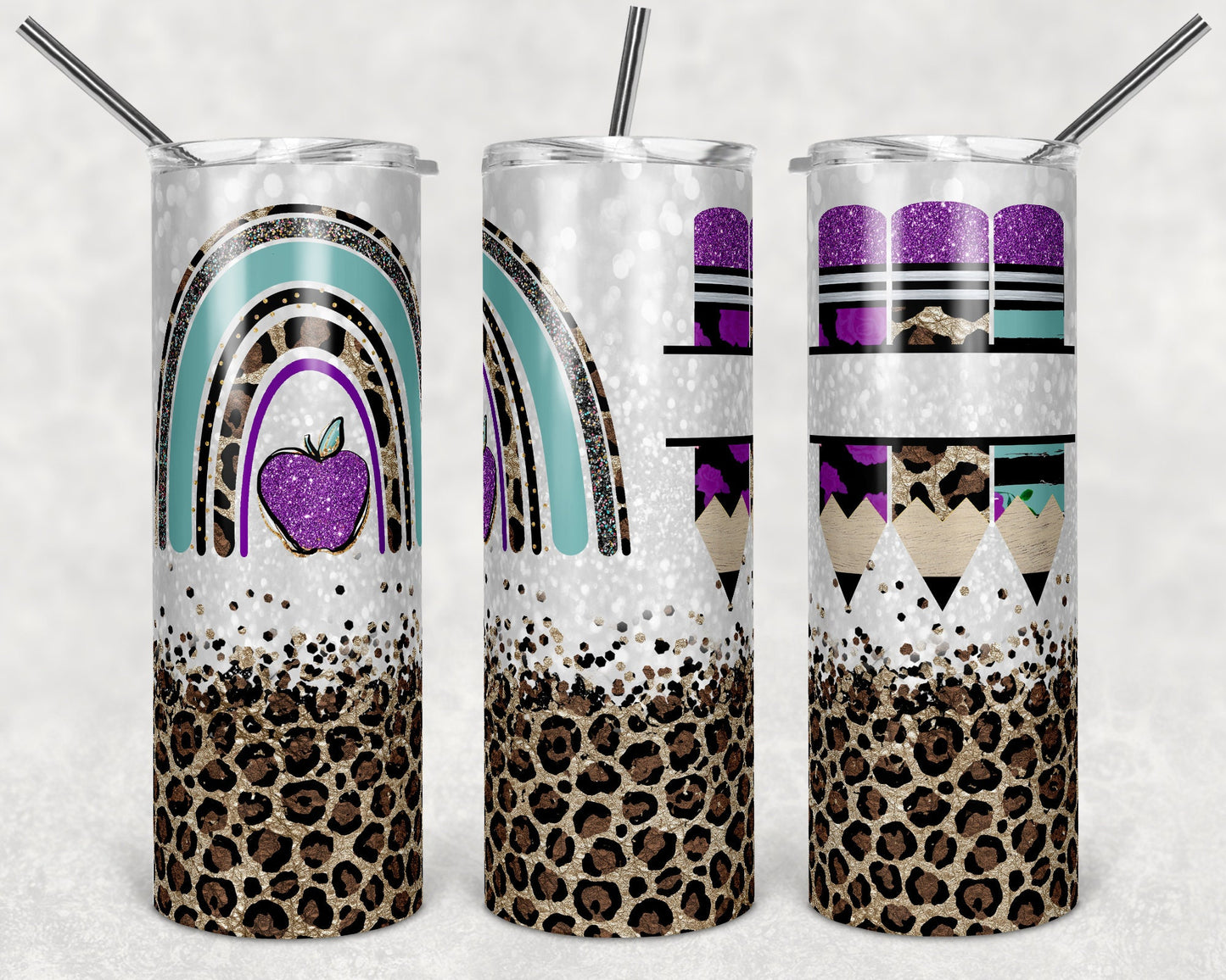 20 oz Skinny Tumbler Rainbow Leopard Glitter Teacher Purple Tumbler Pencil Monogram Teacher Life Sublimation Design