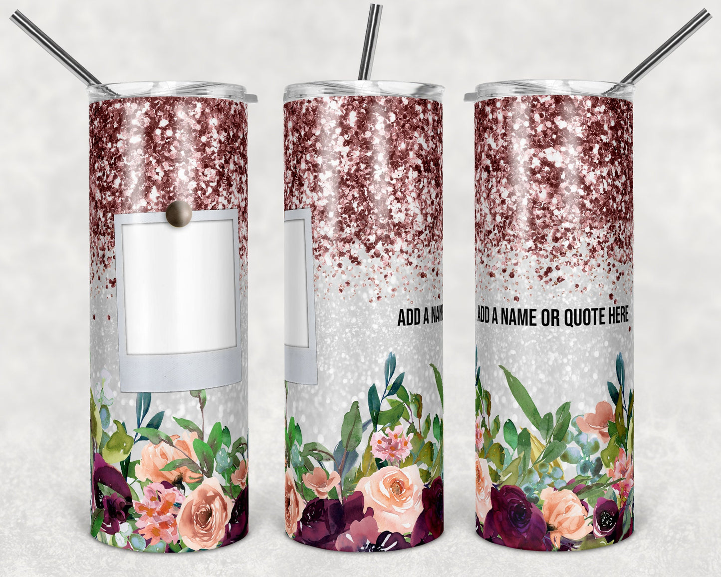 20 oz Skinny Tumbler Sublimation Design Template Maroon Floral Rose Gold Glitter Design 1 Frame Photo Inst